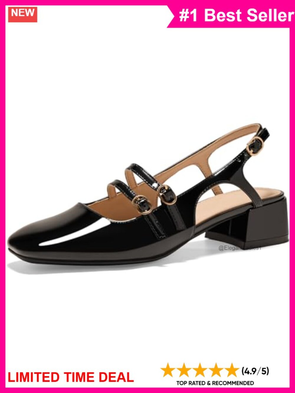 Mary Jane Chunky Low Block Heels Slingback Pumps Faux Leather